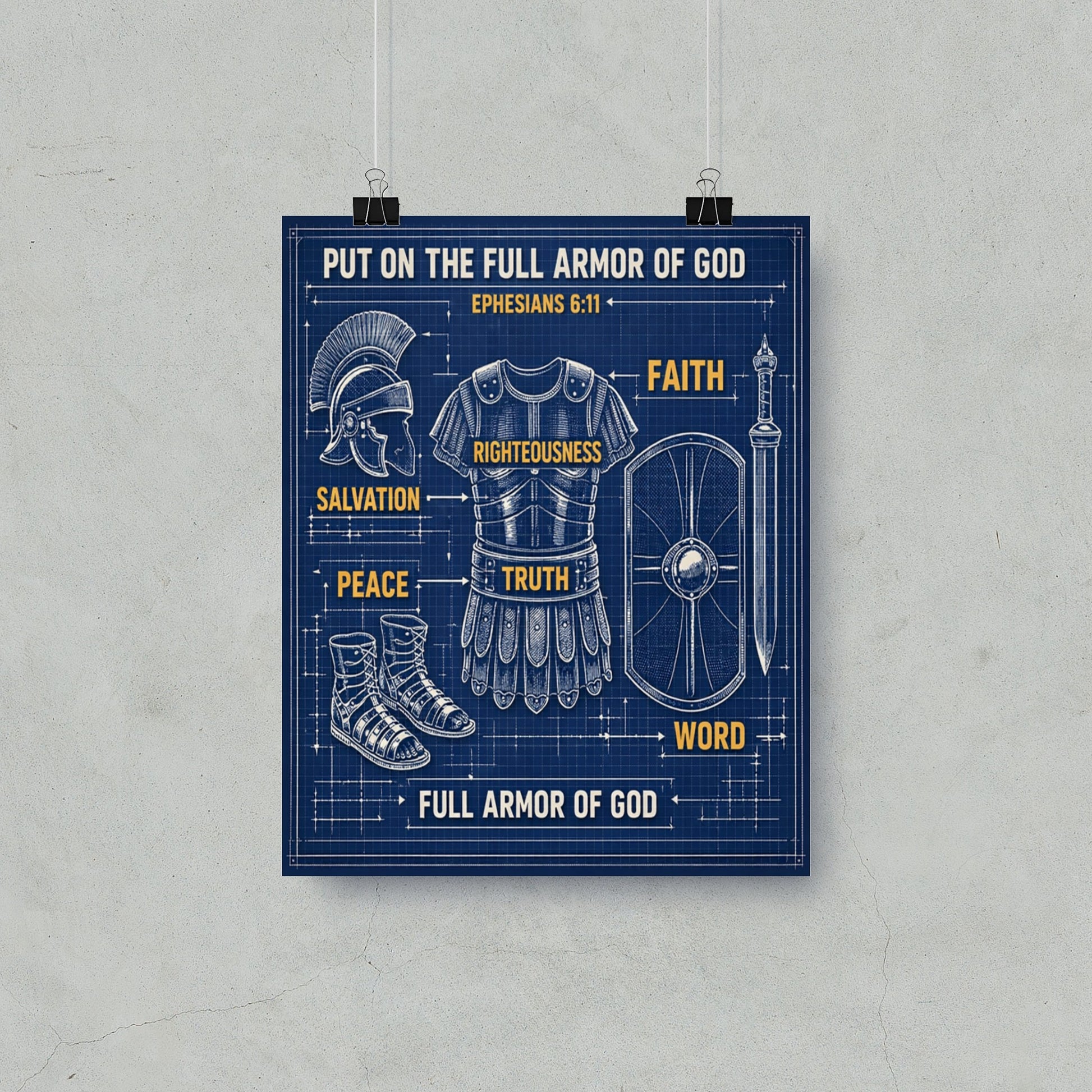 Blueprint of the Full Armor of God with labels for Ephesians 6:3-17 spiritual components.
