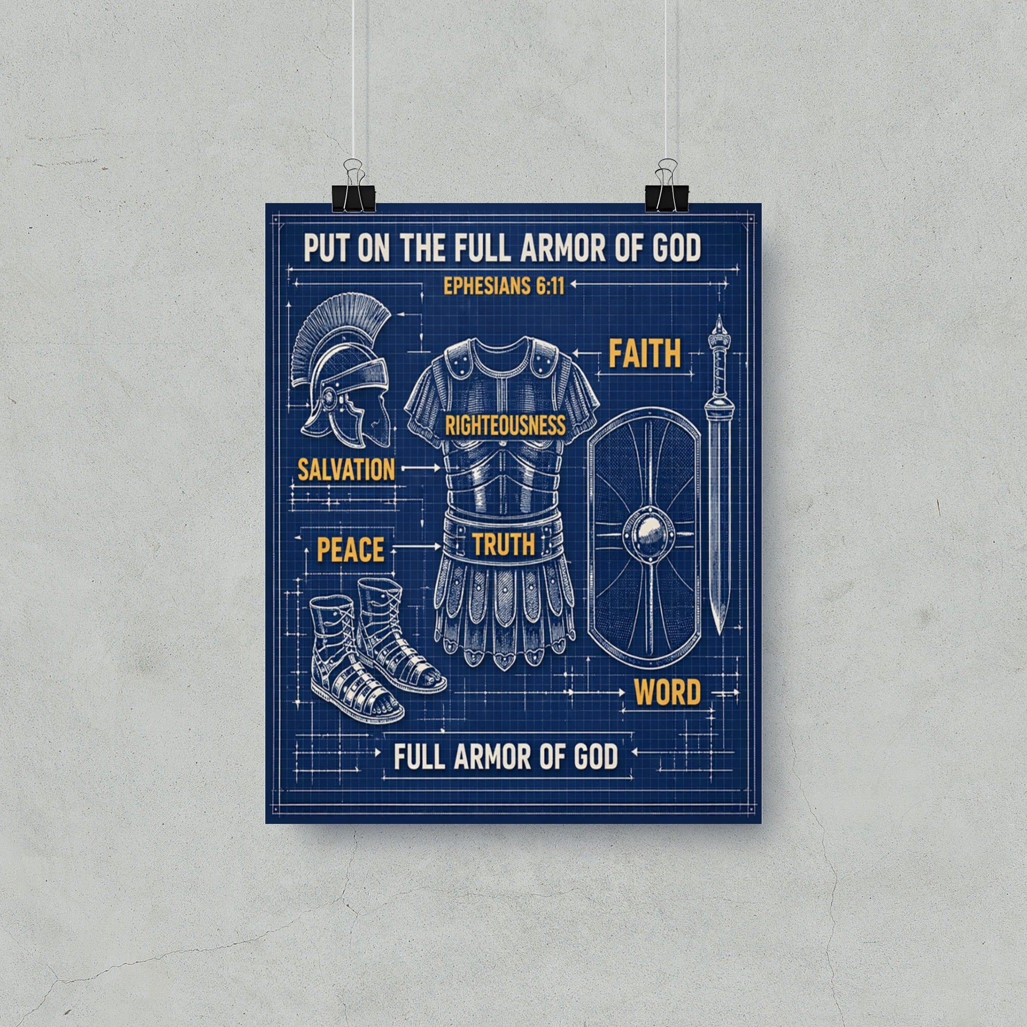 Blueprint of the Full Armor of God with labels for Ephesians 6:3-17 spiritual components.