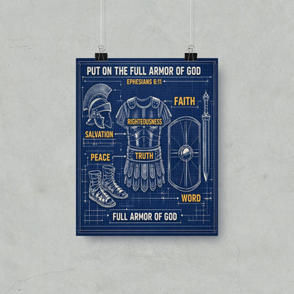 Blueprint of the Full Armor of God with labels for Ephesians 6:3-17 spiritual components.