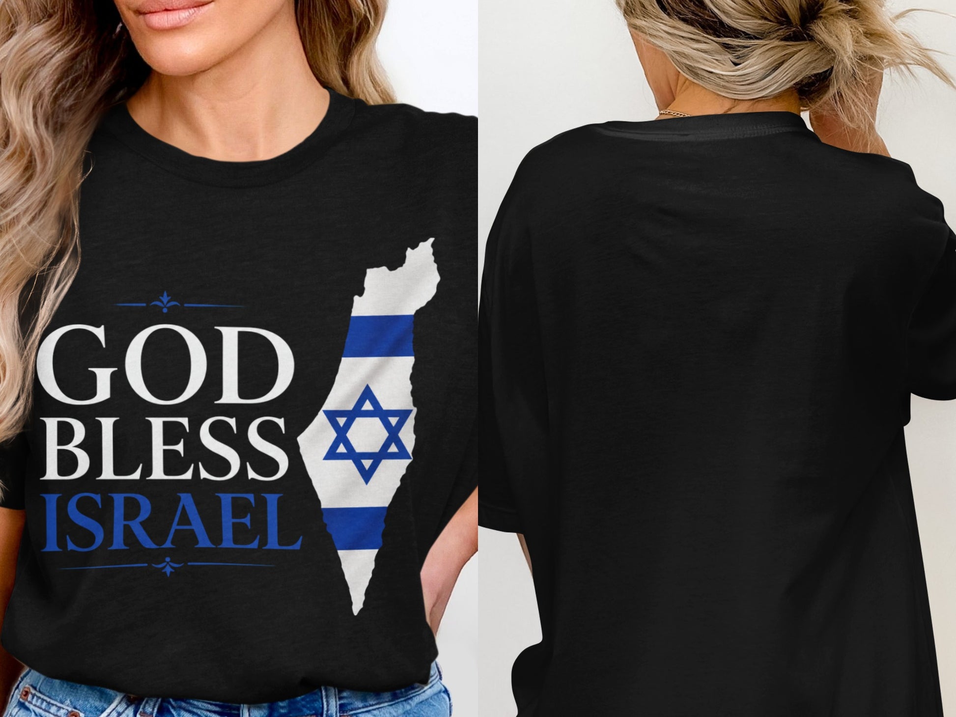 Black t-shirt with "God Bless Israel" and an Israeli flag map outline.