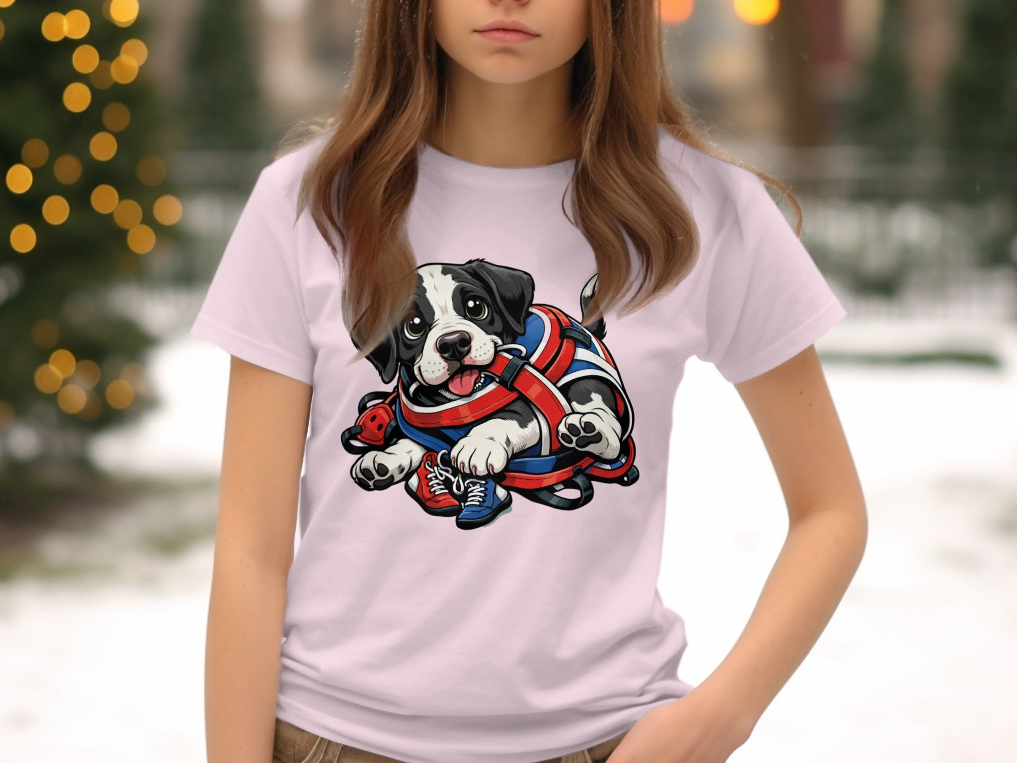 Cute dog art with red and blue wrestling gear and sneakers on a white t-shirt.