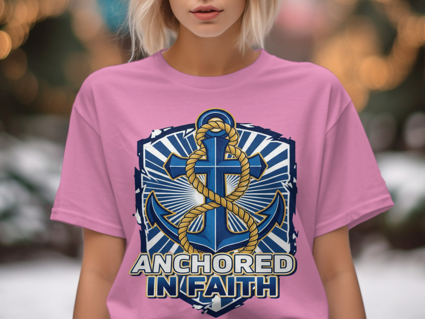 Pink t-shirt with blue anchor graphic and "Anchored In Faith" text