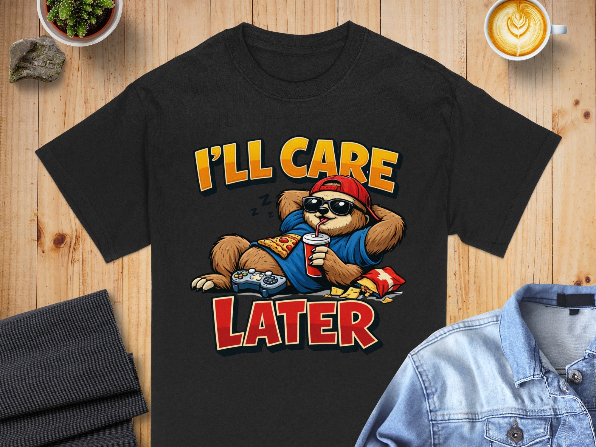 Black t-shirt with a sloth graphic and text that says "I'LL CARE LATER"