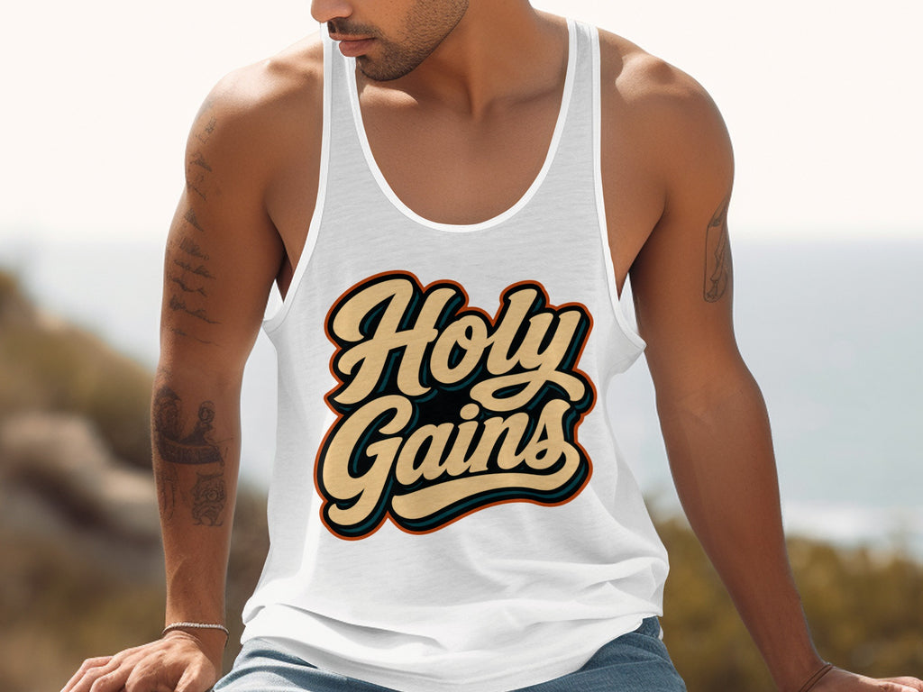 White tank top with "Holy Gains" text in retro font.