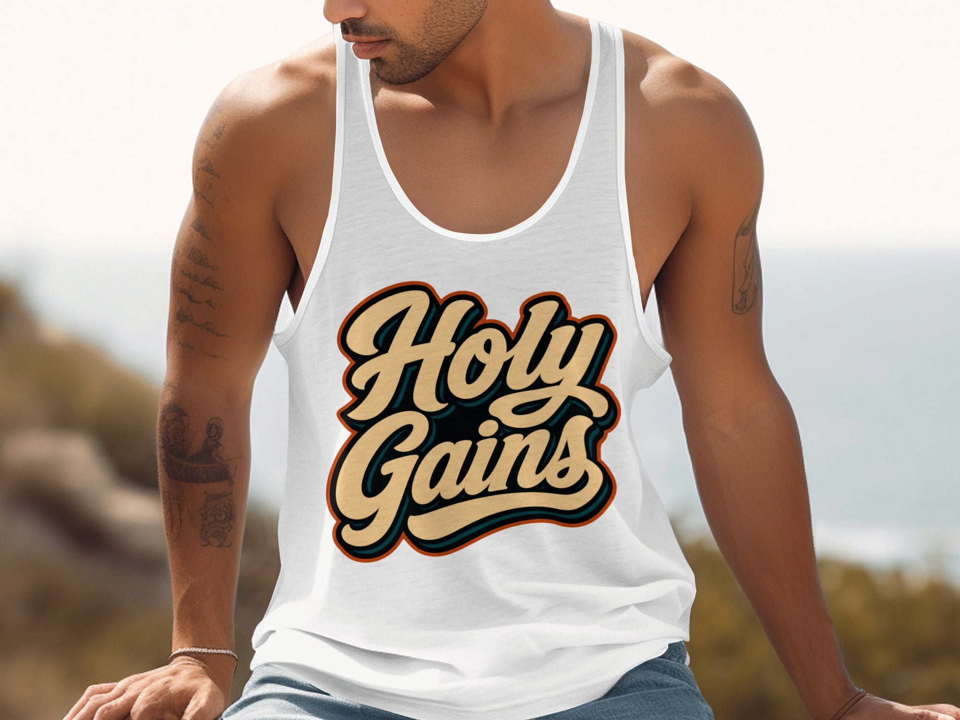 White tank top with "Holy Gains" text in retro font.