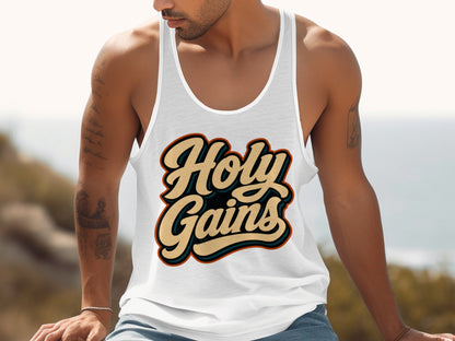 White tank top with "Holy Gains" text in retro font.