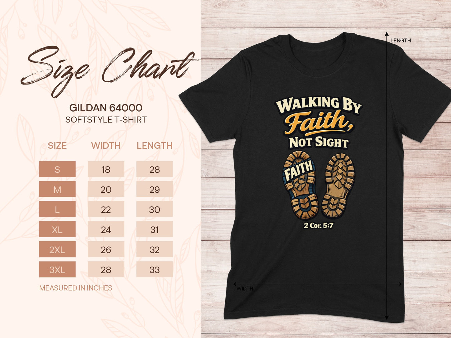 Black t-shirt with "Walking By Faith, Not Sight" graphic and size chart.