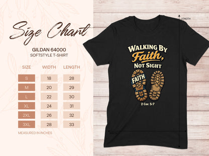 Black t-shirt with "Walking By Faith, Not Sight" graphic and size chart.