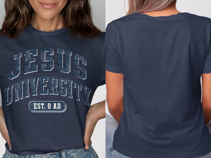 Navy t-shirt with "JESUS UNIVERSITY EST. O AD" text on the front.