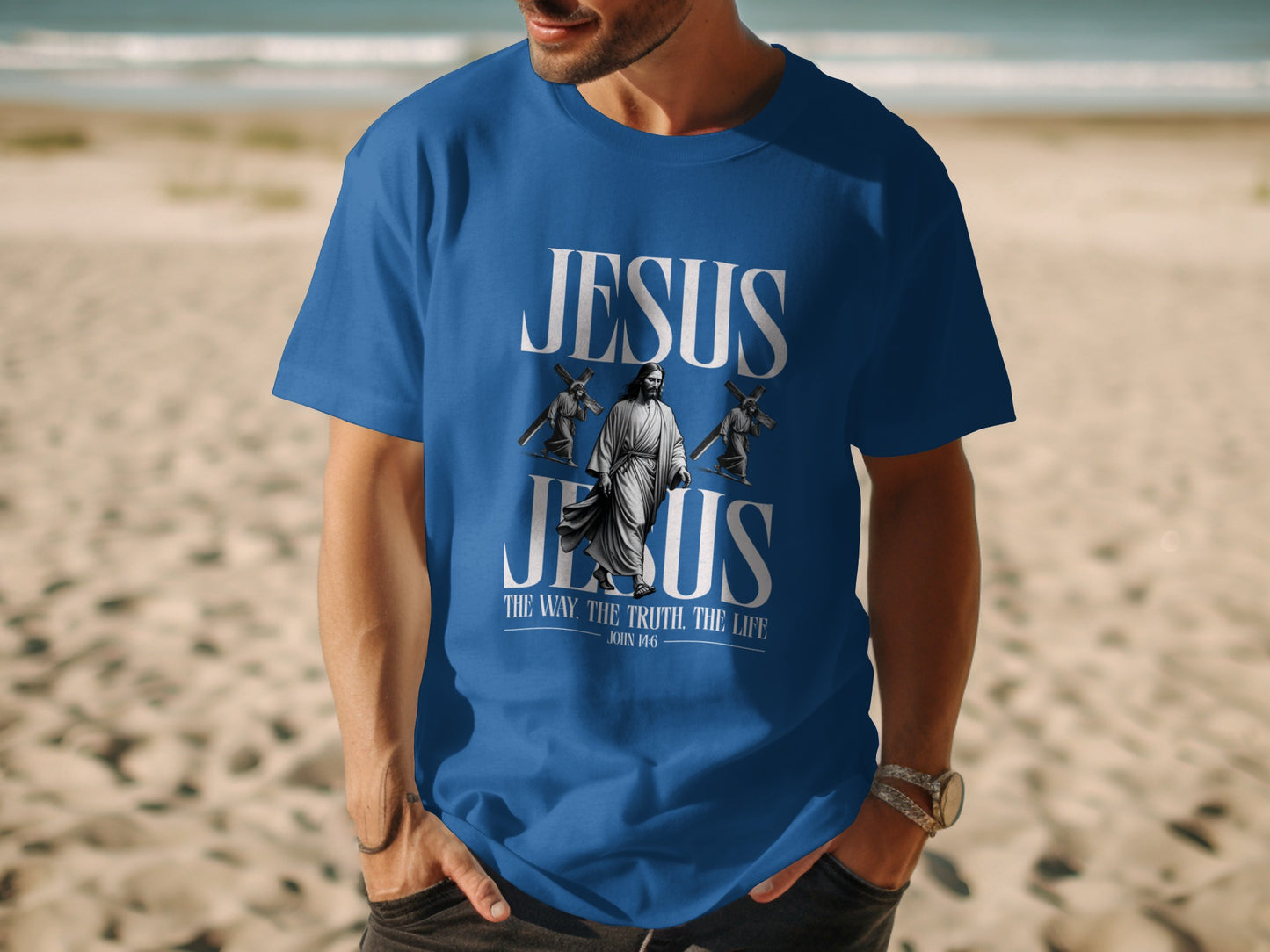 Blue t-shirt with Jesus, crosses, and text "The Way, The Truth, The Life John 14:6".