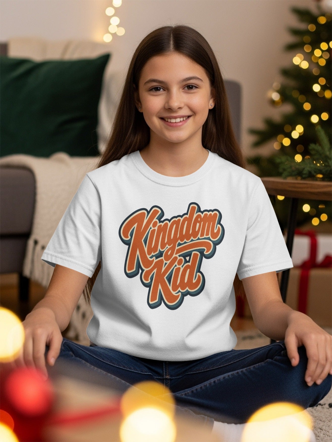 Girl wearing white t-shirt with orange and blue "Kingdom Kid" text.