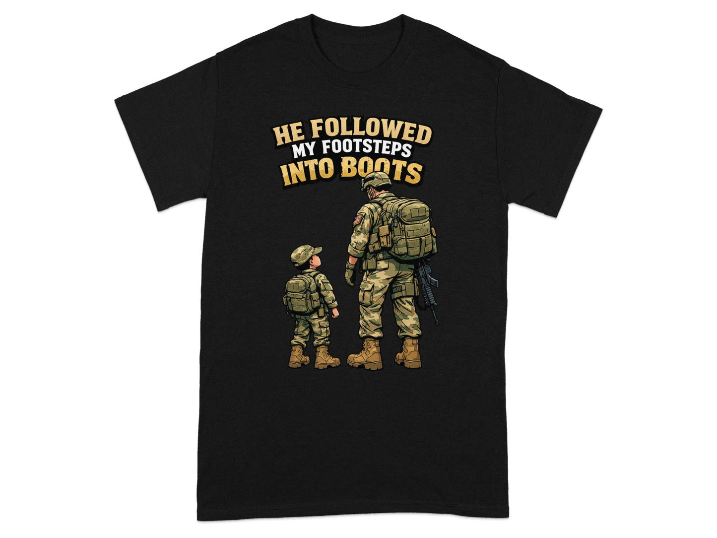 Soldier and child in uniform with text "He followed my footsteps into boots".