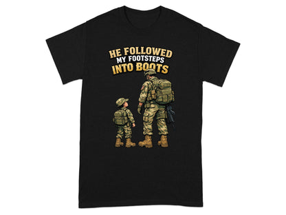 Soldier and child in uniform with text "He followed my footsteps into boots".