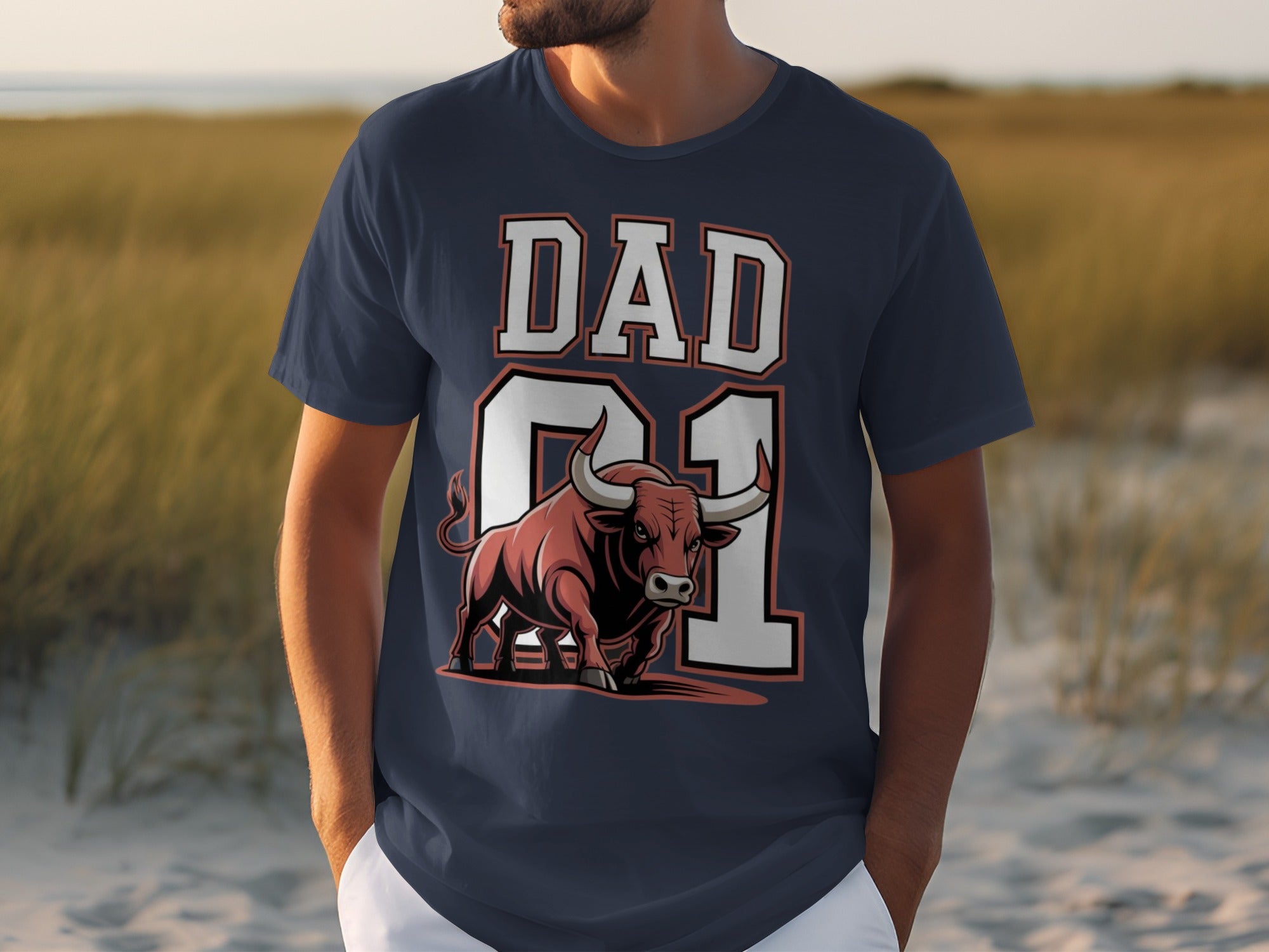 Navy t-shirt with "DAD 01" text and a red bull graphic