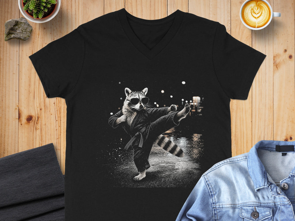 Black v-neck t-shirt graphic of a raccoon doing a karate kick.