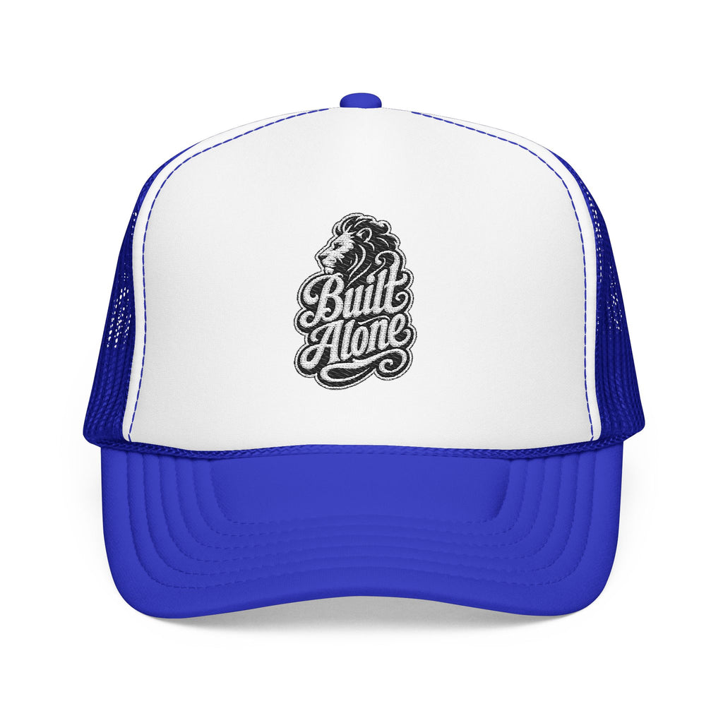 Blue and white trucker hat with embroidered lion and "Built Alone" text