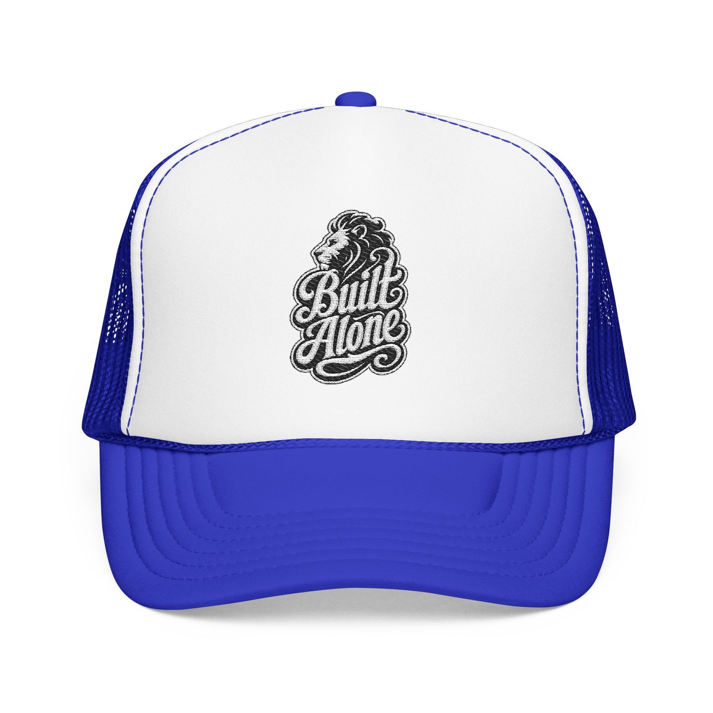 Blue and white trucker hat with embroidered lion and "Built Alone" text