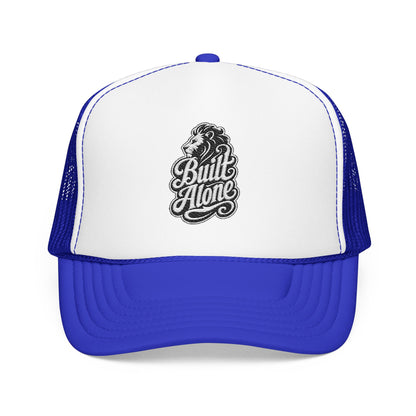 Blue and white trucker hat with embroidered lion and "Built Alone" text