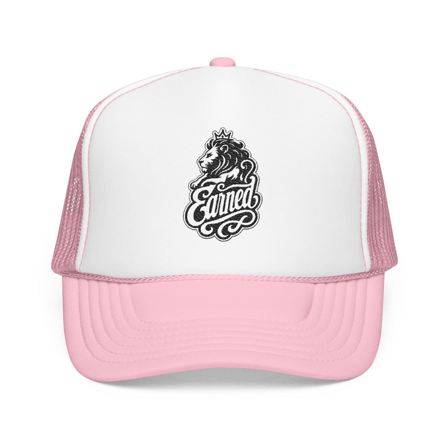 Pink trucker hat with embroidered lion wearing crown and "Earned" text.