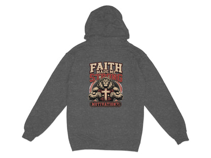 Dark grey hoodie with a muscular lion graphic and text "FAITH MADE ME STRONG".