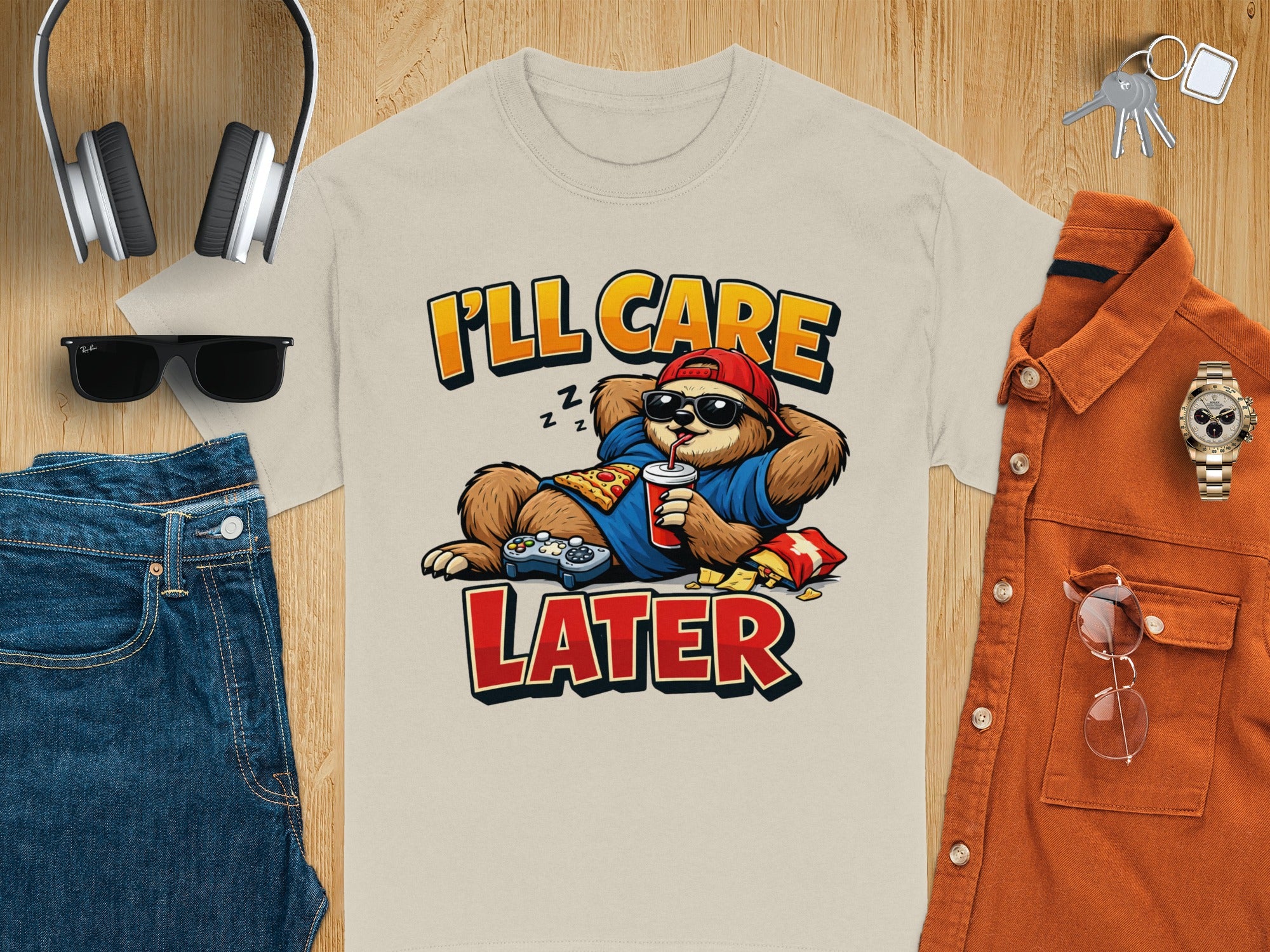 T-shirt with cartoon sloth holding drink and controller, saying "I'll care later".