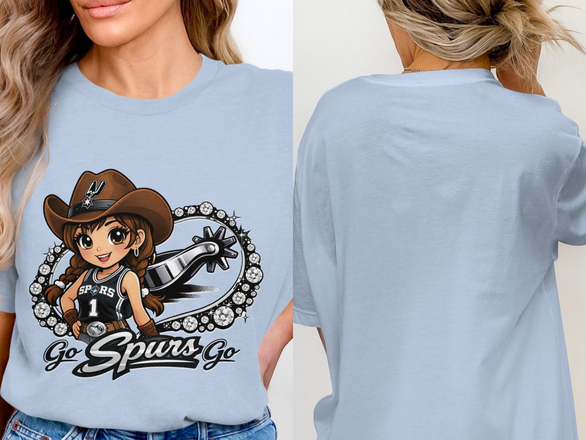 Light blue t-shirt with cartoon cowgirl, spur, and "Go Spurs Go" text.