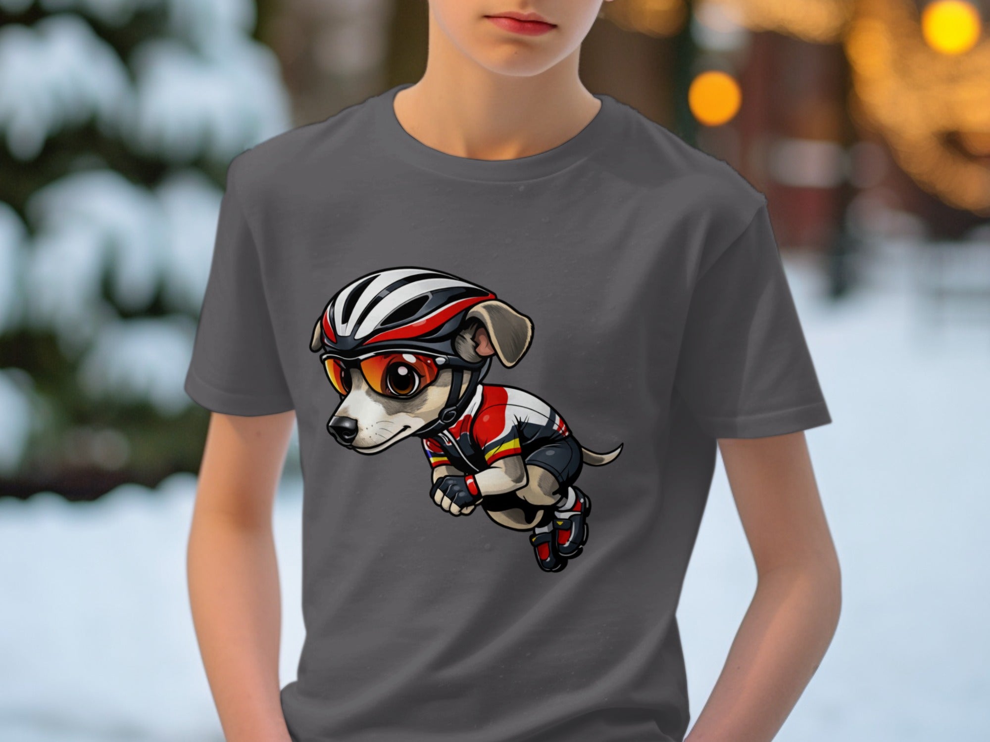 Cartoon dog wearing cycling helmet, sunglasses, and racing jersey on a t-shirt.