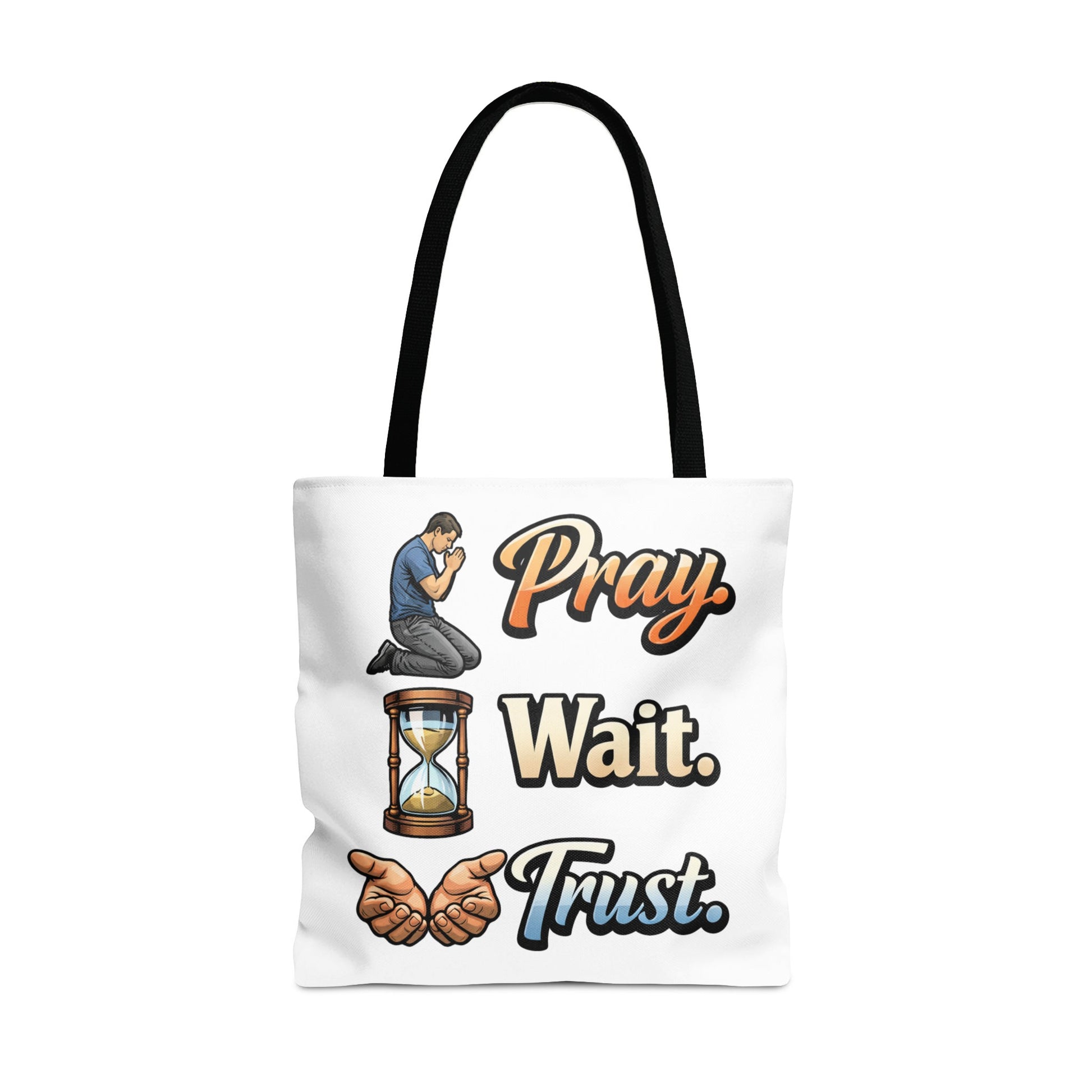 Tote bag with a man praying, hourglass, hands, and text "Pray. Wait. Trust."