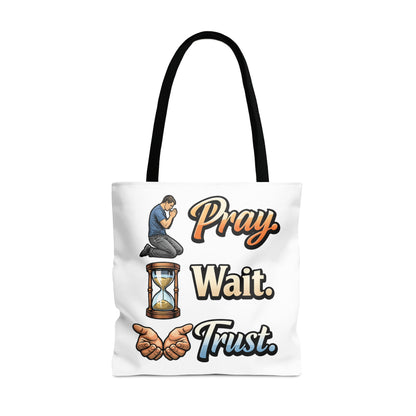 Tote bag with a man praying, hourglass, hands, and text "Pray. Wait. Trust."