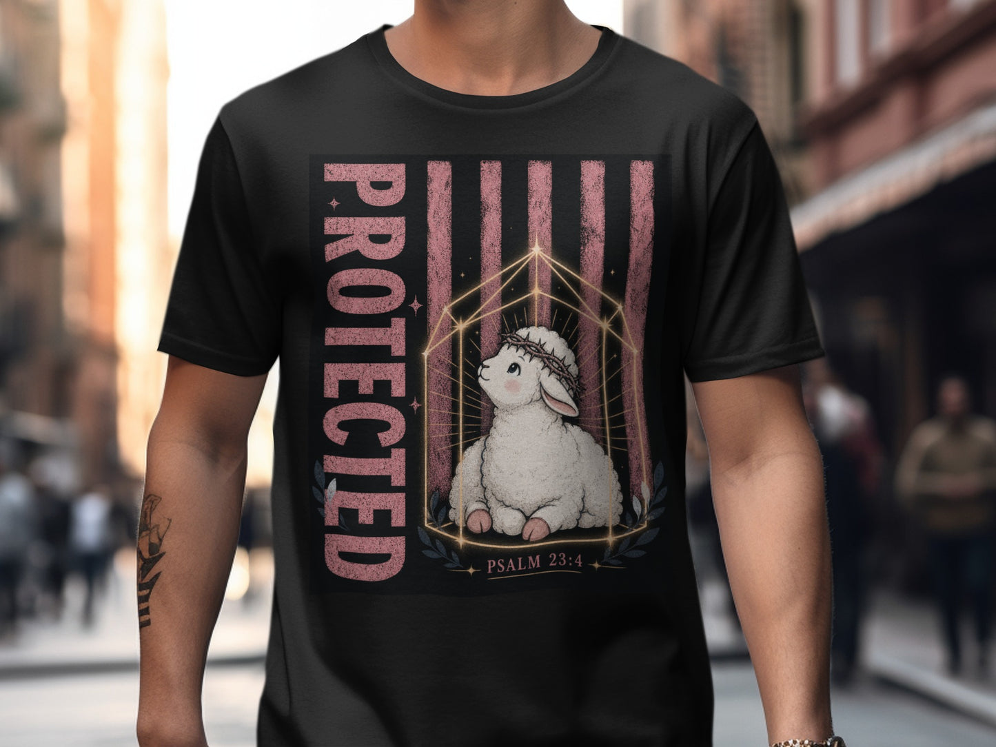 Protected text above a lamb wearing a crown of thorns inside a geometric frame.