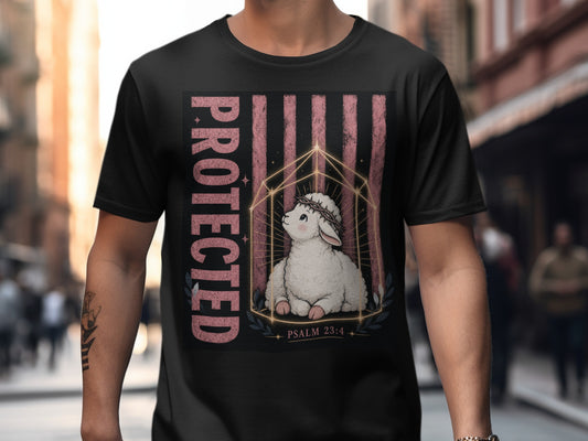 Protected text above a lamb wearing a crown of thorns inside a geometric frame.