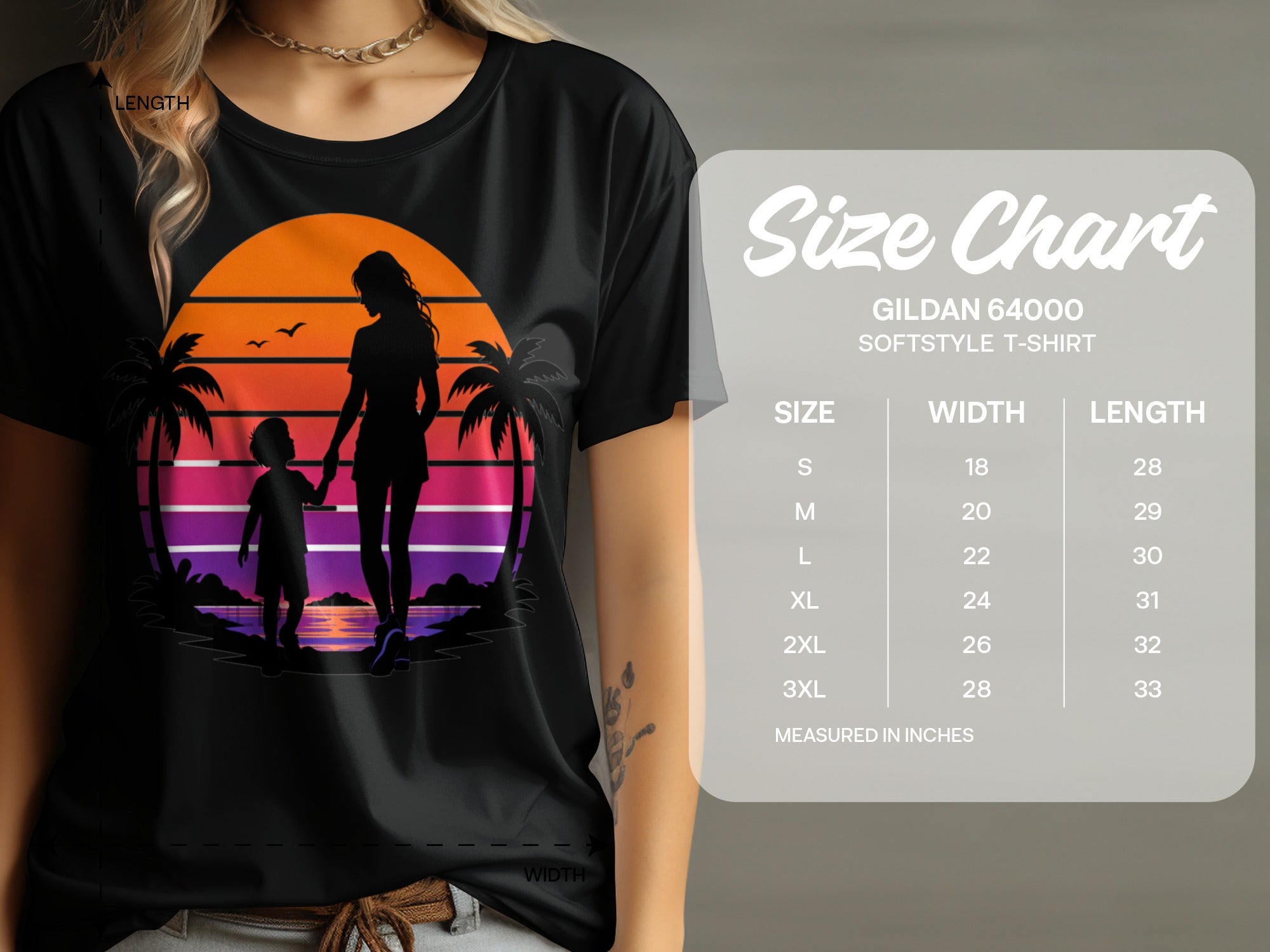 Black t-shirt with sunset graphic and a size chart.