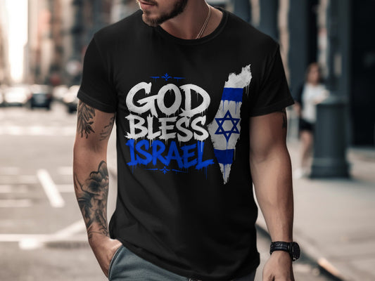 Black t-shirt with "God Bless Israel" text and Israeli flag map graphic.
