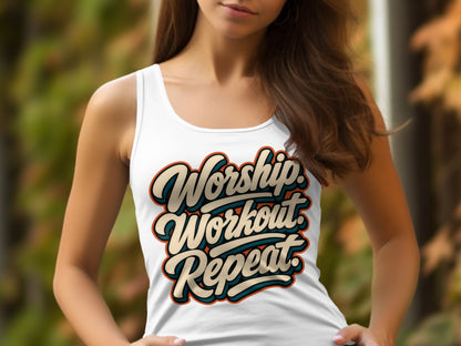 White tank top with "Worship Workout Repeat" text in retro font.