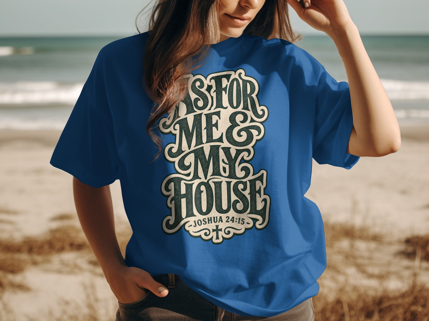 Blue t-shirt with "As For Me & My House" and "Joshua 24:15" text.