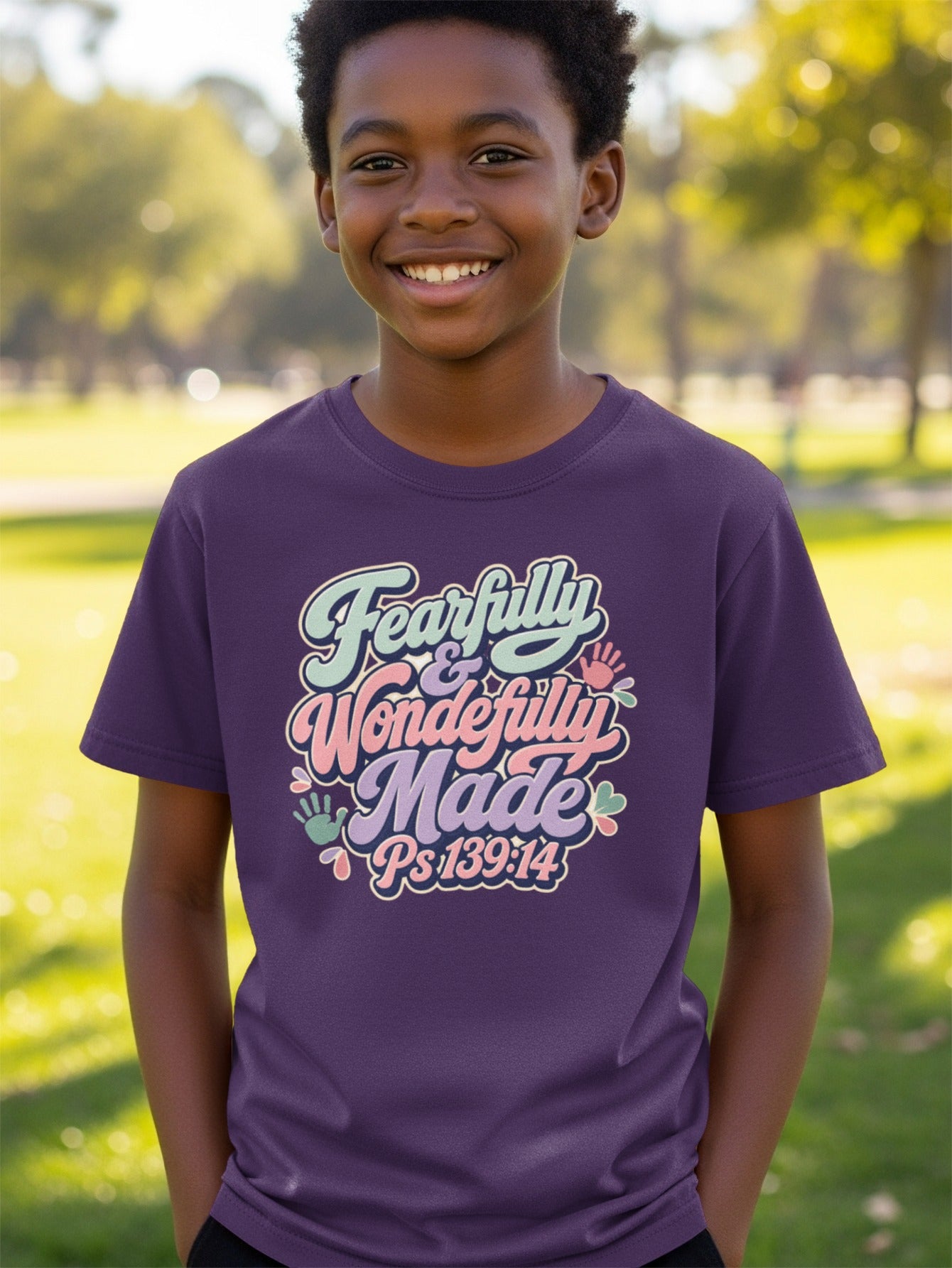 Boy in purple t-shirt with "Fearfully & Wonderfully Made Ps139:14" text and graphics.