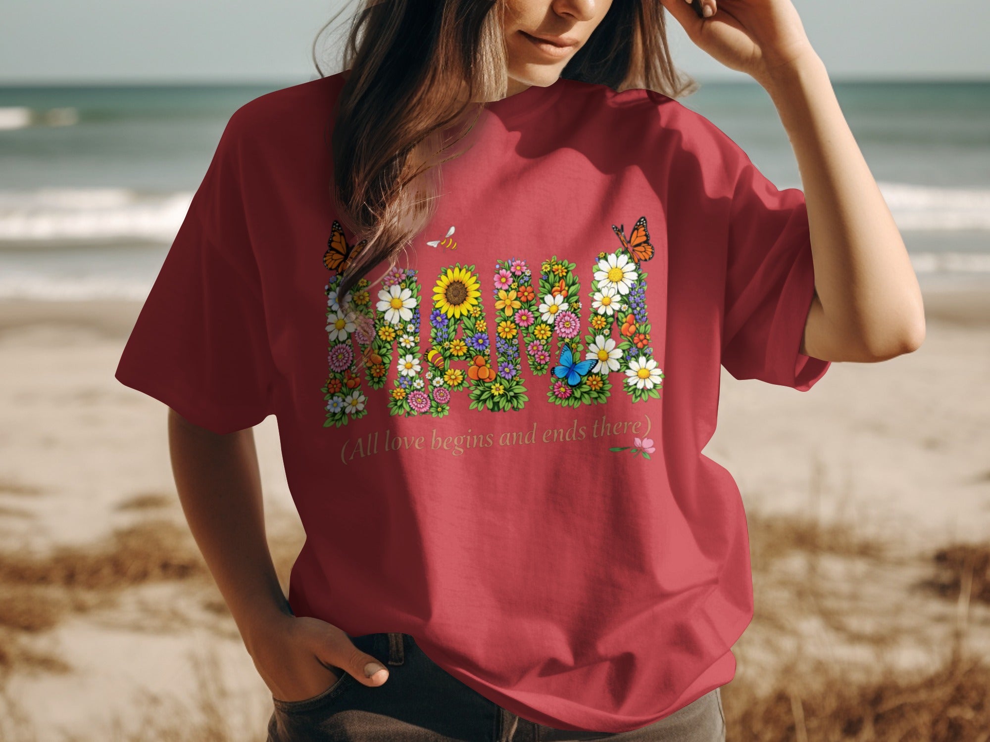 Red t-shirt with floral "Mama" text, butterflies, bee, and quote.