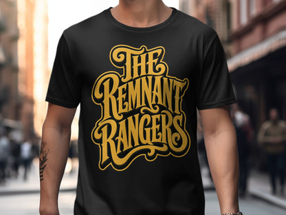 Black t-shirt with yellow "The Remnant Rangers" text graphic.