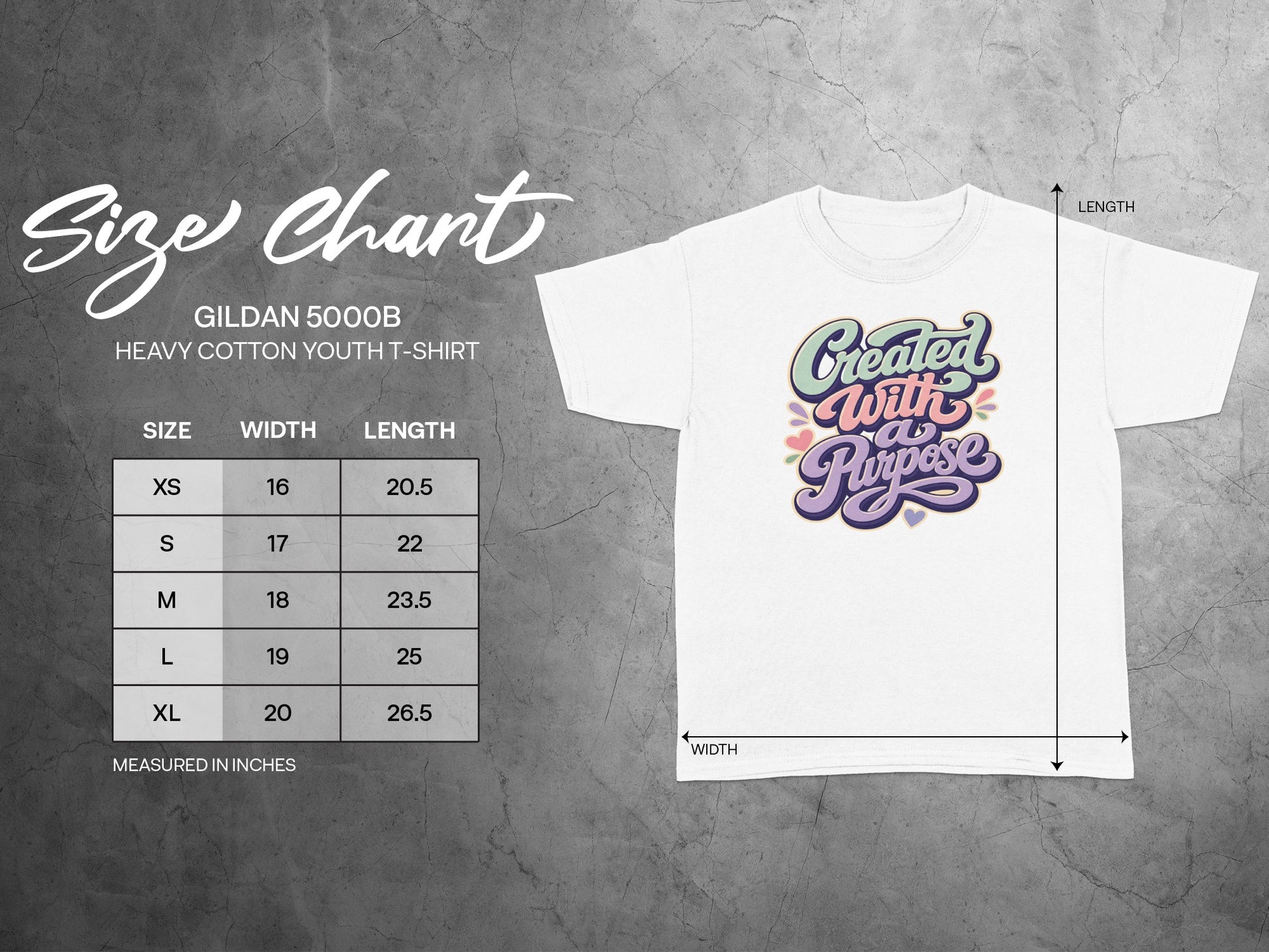 Youth t-shirt size chart for Gildan 5000B Heavy Cotton with width and length measurements.