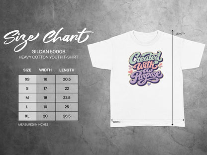 Youth t-shirt size chart for Gildan 5000B Heavy Cotton with width and length measurements.