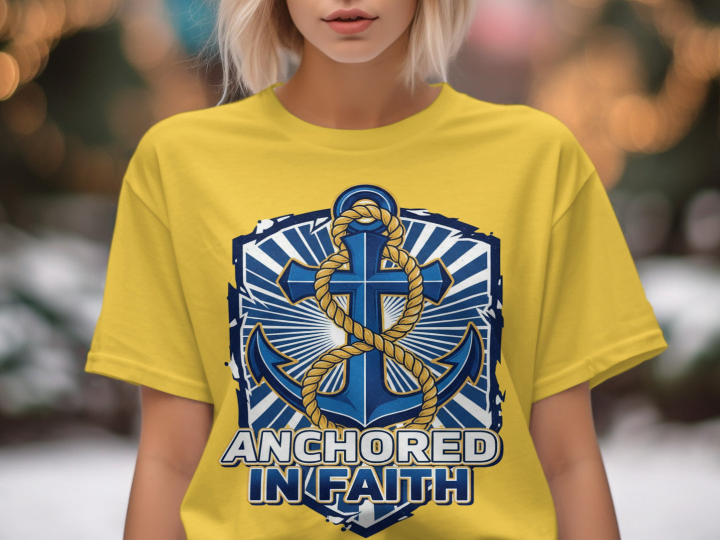 Yellow t-shirt with a blue anchor graphic and text: ANCHORED IN FAITH