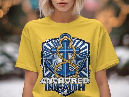 Yellow t-shirt with a blue anchor graphic and text: ANCHORED IN FAITH