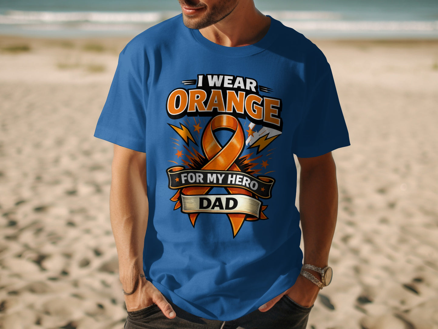 Blue t-shirt with text "I wear orange for my hero Dad" and orange ribbon.