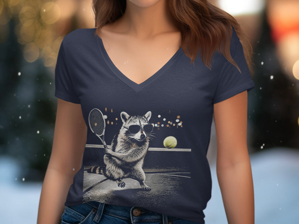 Raccoon in sunglasses playing tennis with a racket and ball on court.