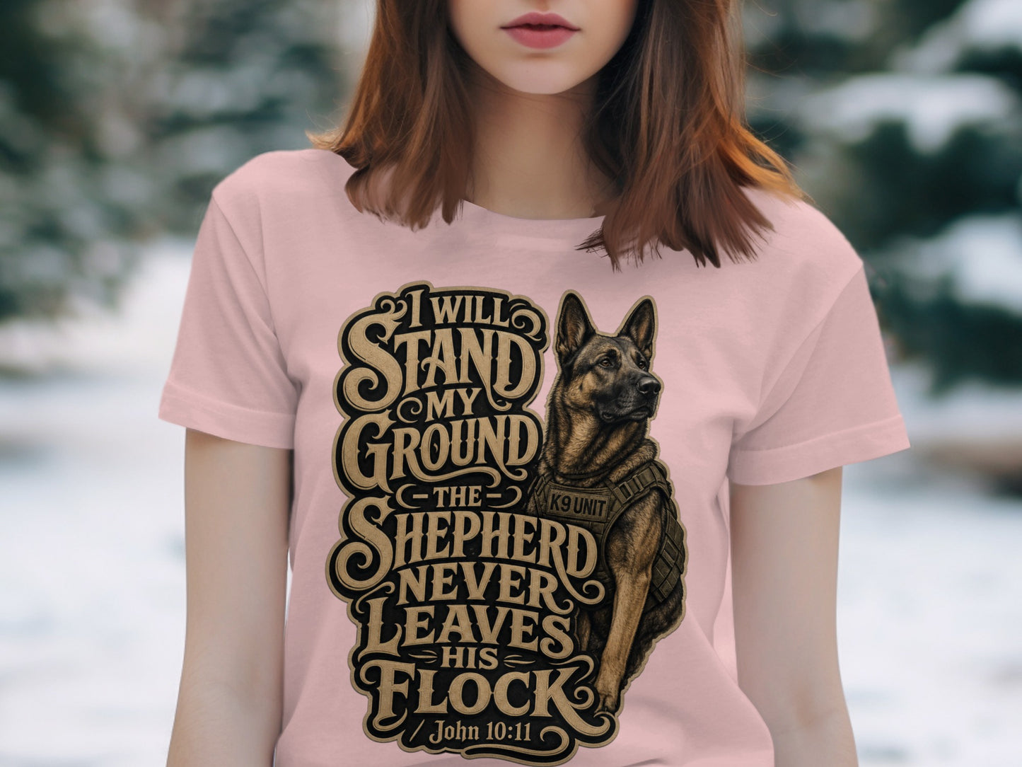 German Shepherd graphic t-shirt with text "I will stand my ground. The Shepherd never leaves his flock."