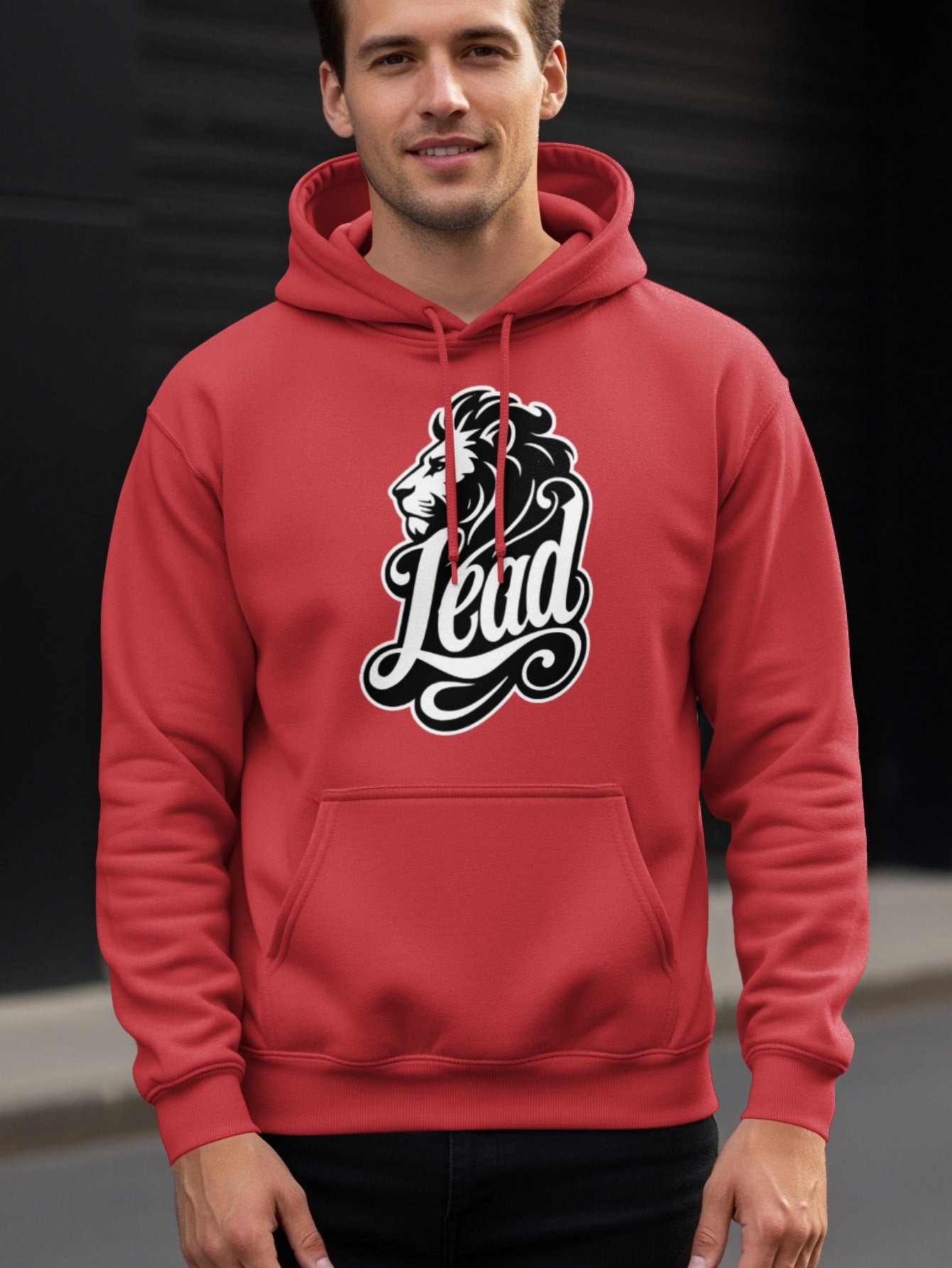 Red hoodie with a lion head and "Lead" graphic on the chest.
