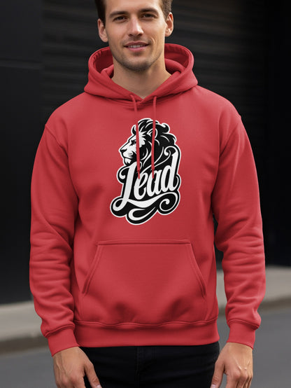 Red hoodie with a lion head and "Lead" graphic on the chest.