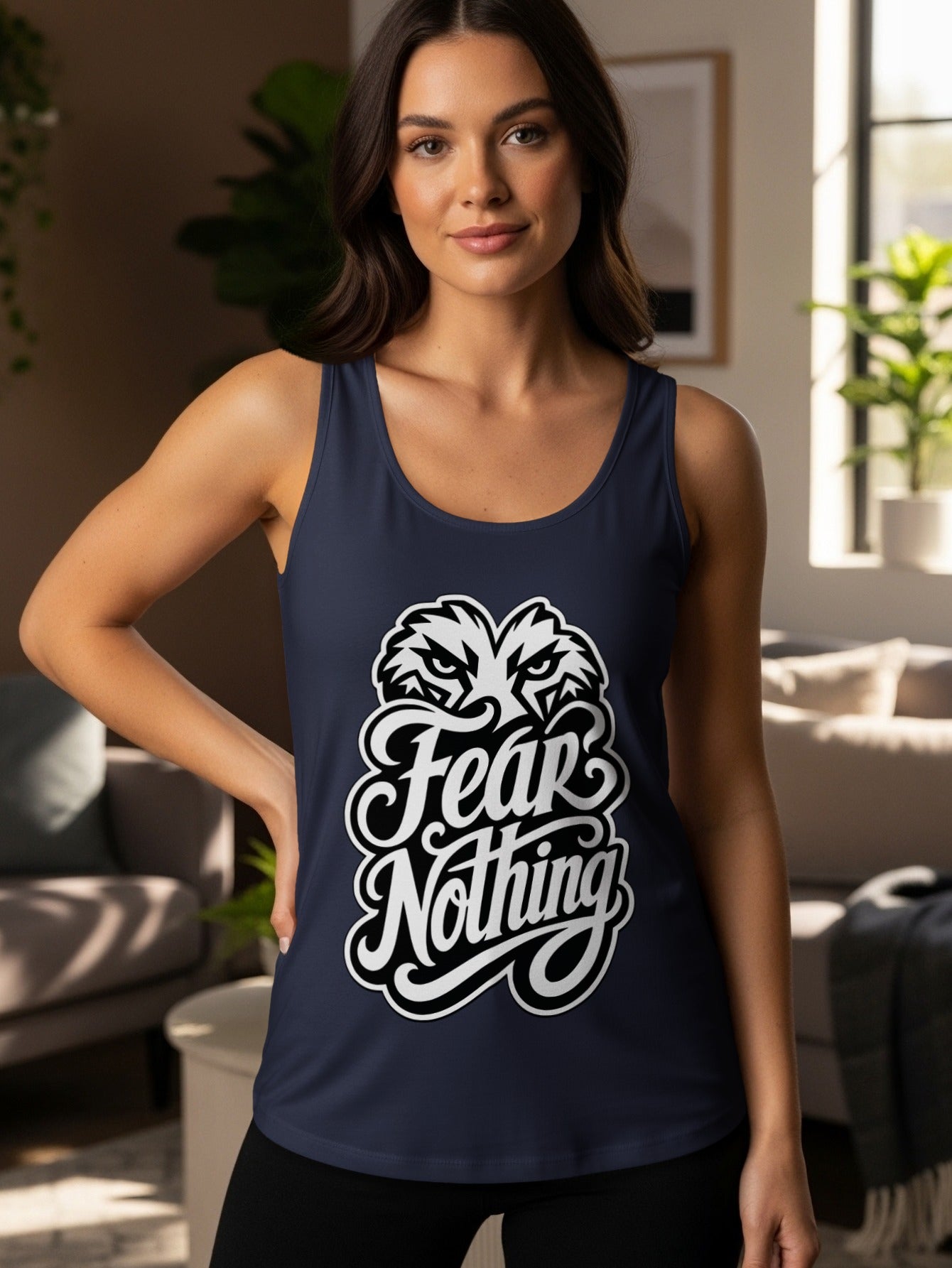 Navy tank top with "Fear Nothing" text and a stylized eagle design.