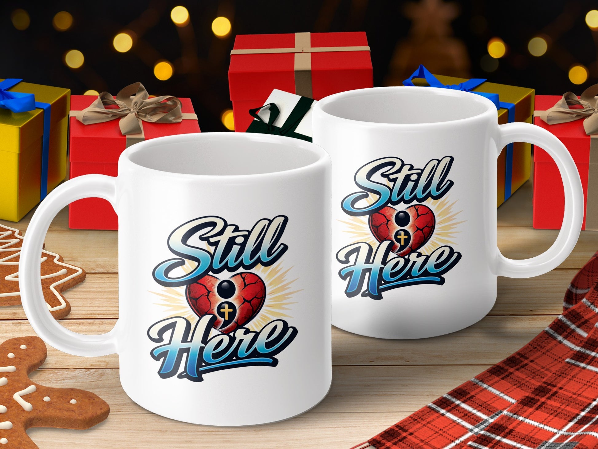 Two white mugs with "Still Here" text, a broken heart, and a cross on a wooden surface.