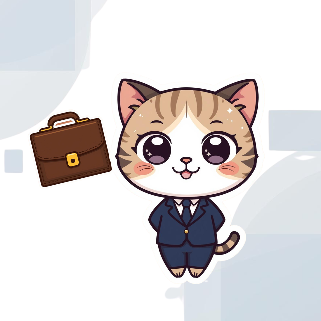 Cartoon cat in a suit next to a brown briefcase.